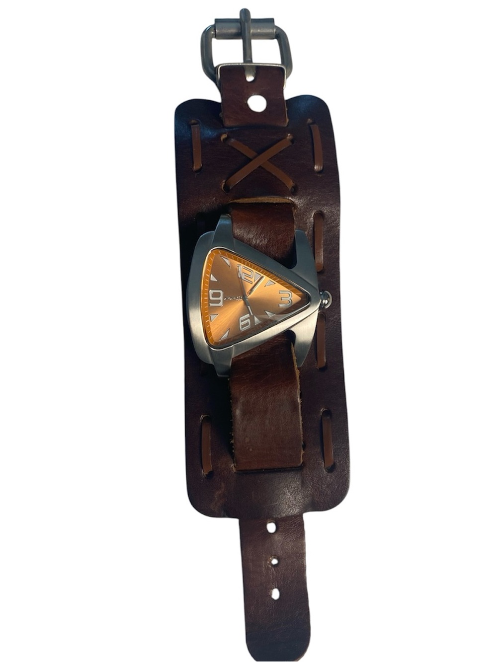 Nemesis Stainless Steel Brown Leather Cuff Watch with Orange Triangle Dial